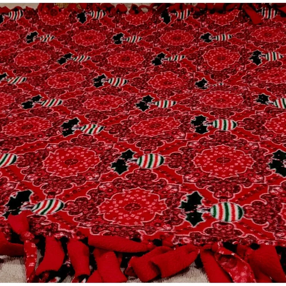 Homemade Reversible Christmas Tie Blanket. Solid Red/decorated Side Warm. Fleece